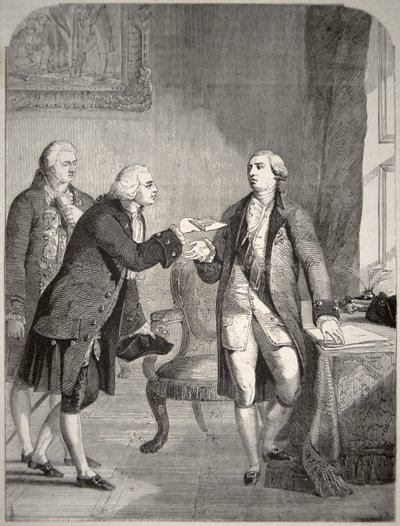 John Adams (1735-1826) jako pierwszy amerykański ambasador na dworze angielskim, przedstawiając swoje listy uwierzytelniające królowi Jerzemu III (1738-1820) (litografia) autorstwa American School