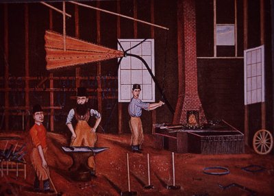 John Mohler Studebaker (w środku), niemiecko-amerykański wytwórca wagonów w warsztacie, ok. 1858 (kolor lito) autorstwa American School