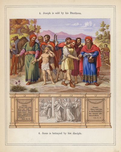 Józef zostaje sprzedany przez swoich braci (kolorowa litografia) autorstwa American School