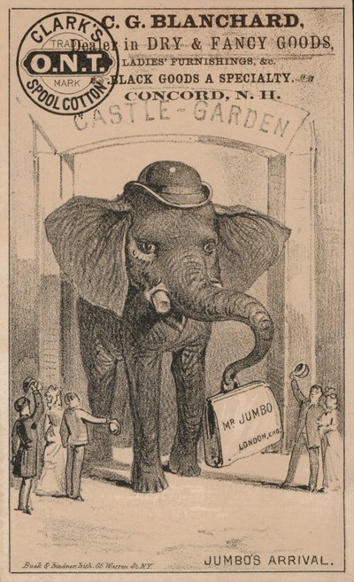 Przybycie Jumbo, reklama bawełnianej szpuli Clarka, ze słynnym słoniem cyrkowym PT Barnuma autorstwa American School