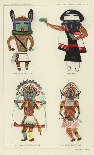 Kwacus Alek Taka, Alo Mana, Stara maska (klan Katcina), Stara maska (klan Tcua) (kolorowa litografia) autorstwa American School