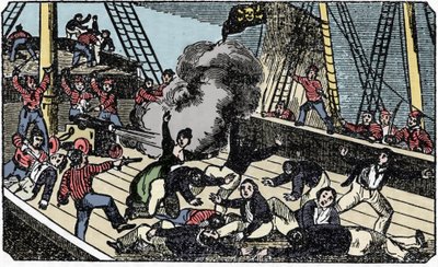 Śmierć dżentelmena-pirata Jeana Lafitte (1780-1826), grawer „Książka pirata” 1837. autorstwa American School