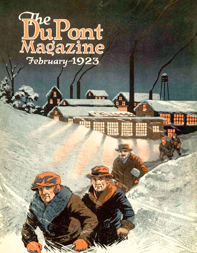 Wychodząc z pracy na śniegu, przednia okładka magazynu DuPont, luty 1923 autorstwa American School