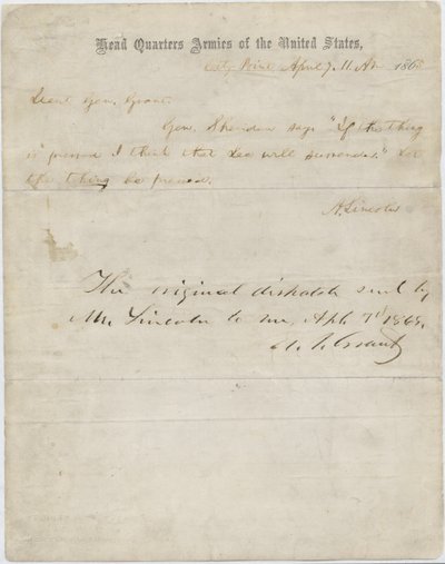 List Abrahama Lincolna do generała Ulyssesa S. Granta, 7 kwietnia 1865 r autorstwa American School