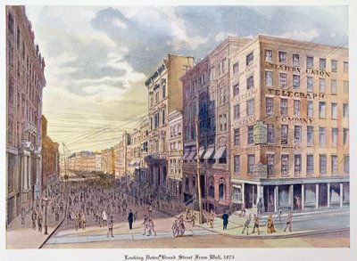 Patrząc w dół Broad Street z Wall w 1873 r., ilustracja ze Starego Nowego Jorku, wczoraj i dziś autorstwa Henry