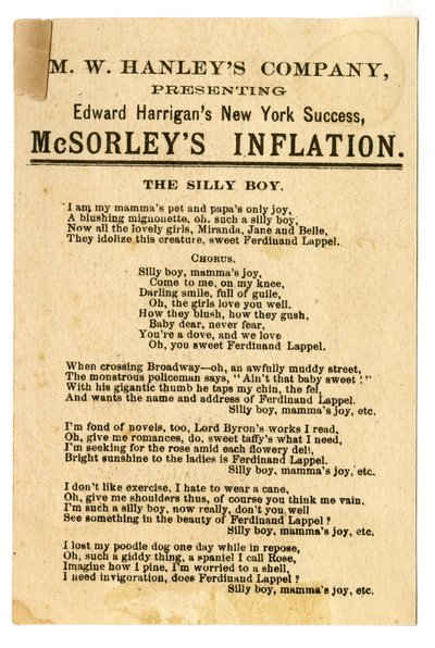 M.W. Hanleys Col przedstawia Edwarda Harrigansa najnowszy sukces w Nowym Jorku, McSorleys Inflation [karta teatralna]. Verso, c.1882 (litografia [karta handlowa]) autorstwa American School