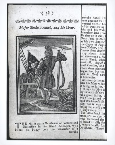 Major Stepe Bonnet, strona 38 z Historii i życia wszystkich najbardziej znanych piratów i ich załóg, Londyn, 1725 autorstwa American School