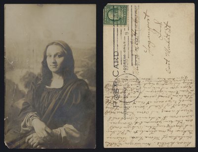 Męska pocztówka Mona Lisa wysłana w USA autorstwa American School