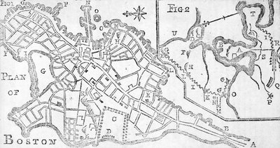 Mapa Bostonu, wydrukowana w Bickerstaffs Albany Almanack, 1776 (druk) autorstwa American School