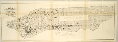 Mapa miasta Nowy Jork pokazująca lokalizację ospy, od 1 maja 1874 do 30 kwietnia 1875. autorstwa American School