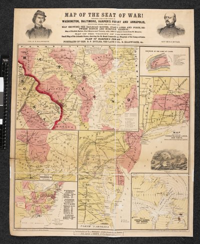 Mapa miejsca wojny. Zawiera mapę okolic Waszyngtonu, Baltimore, Harper