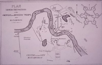 Wojna meksykańsko-amerykańska (1846-48), mapa wojsk amerykańskich w pobliżu Rio Grande i Matamoros autorstwa American School