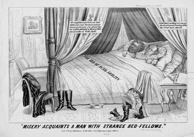 Misery zapoznaje mężczyznę z dziwnymi towarzyszami w łóżku, opublikowane przez H R Robinson, Nowy Jork, 1848 autorstwa American School