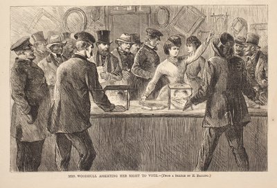 Pani Woodhull zapewniająca swoje prawo do głosowania, rycina z Harper’s Weekly, 25 listopada autorstwa American School