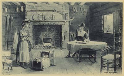 Dom pionierów z Nowej Anglii (litografia) autorstwa American School