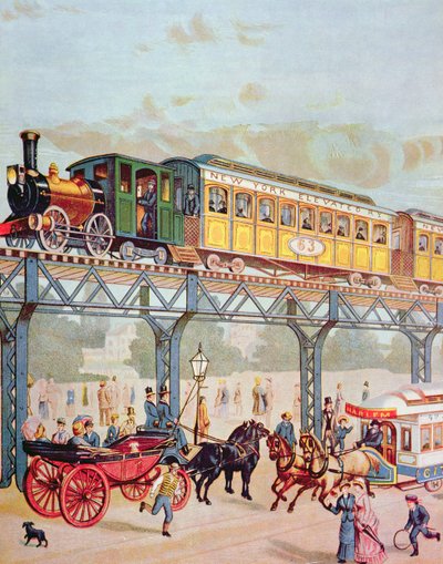 New York Elevated Railway, c.1880 (kolor lito) autorstwa American School