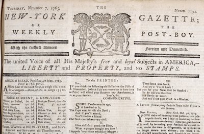Nagłówek New York Gazette deklarujący sprzeciw wobec znaczków, wydrukowany 7 listopada 1765 (druk) autorstwa American School