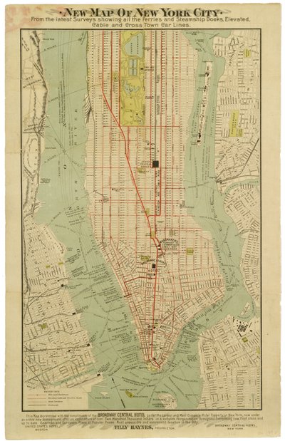 Nowa mapa Nowego Jorku z najnowszych badań pokazująca wszystkie doki promów i parowców, wzniesienia, metro elektryczne [sic] i linie przecinające miasto. autorstwa American School