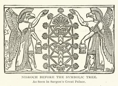 Nisroch przed Symbolicznym Drzewem, jak widać w Wielkim Pałacu Sargons autorstwa American School