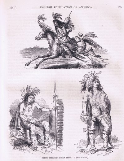 Typy Indian północnoamerykańskich (1640s), ilustracja z pubu Cassells History of the United States. autorstwa Pettera i Galpina c.1890 autorstwa American School