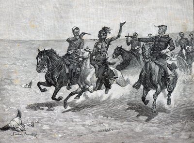 Policja konna północno-zachodnia „Aresztowanie mordercy Blackfeet” (litografia) autorstwa American School