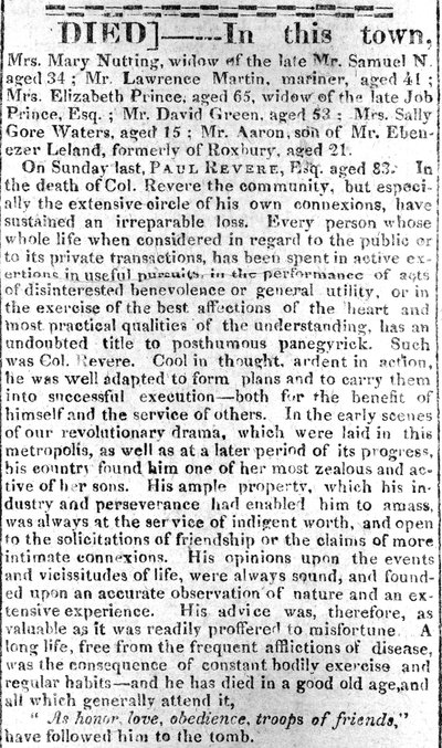 Strona nekrologu z Boston Intelligencer, 16 maja 1818 (druk) autorstwa American School