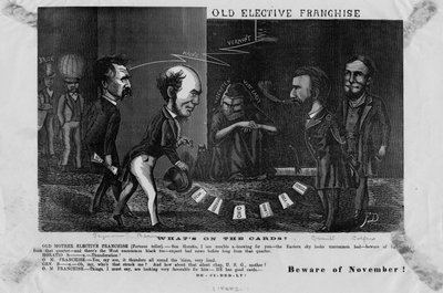 Stara elekcyjna franczyza, co jest na kartach? : uwaga na listopad!, ok. godz. 1868 autorstwa American School