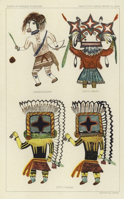Owanozrozro, Coto (Walpi), Coto (Oraibi) (colour litho) autorstwa American School