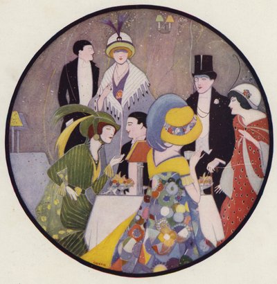 Ludzie spotykający się po przedstawieniu, scena z opowiadania "After The Play" J. A. Waldrona (kolorowa litografia) autorstwa American School