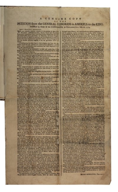 Petycja Kongresu Generalnego Ameryki do króla, Kongres Kontynentalny, 26 października 1774 r autorstwa American School