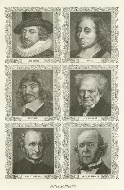 Filozofowie, Lord Bacon, Pascal, Kartezjusz, Schopenhauer, John Stuart Mill, Herbert Spencer autorstwa American School
