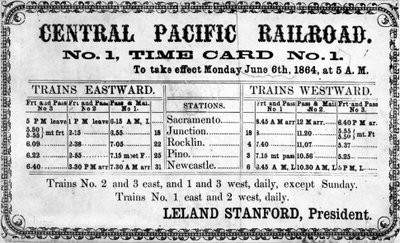 Odbitka fotograficzna oryginalnego rozkładu jazdy Central Pacific Railroad Companys na dzień 6 czerwca 1864 r. 1864 r autorstwa American School