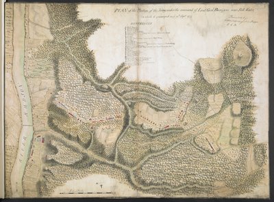 Plan Pozycji Armii pod dowództwem por. Gen. Burgoyne w pobliżu Spokojnej Wody, w której obozował na was. 20 września 1777 autorstwa American School