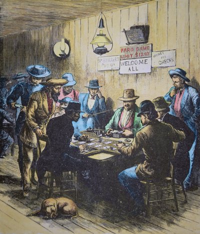 Gra Faro w salonie w Cheyenne, Wyoming, ok. 1870 (kolorowy grawerunek) autorstwa American School