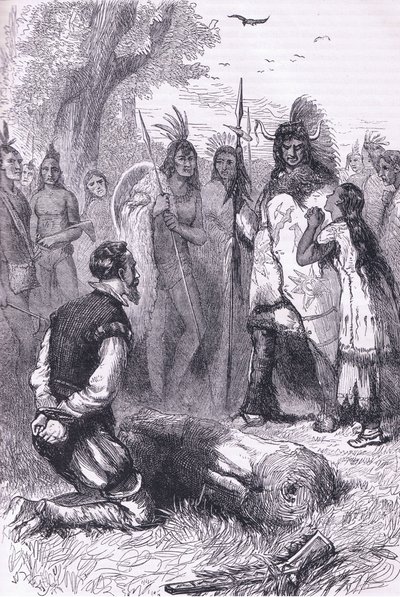 Pocahontas ratuje życie kapitana Smitha, ilustracja z pubu Cassell