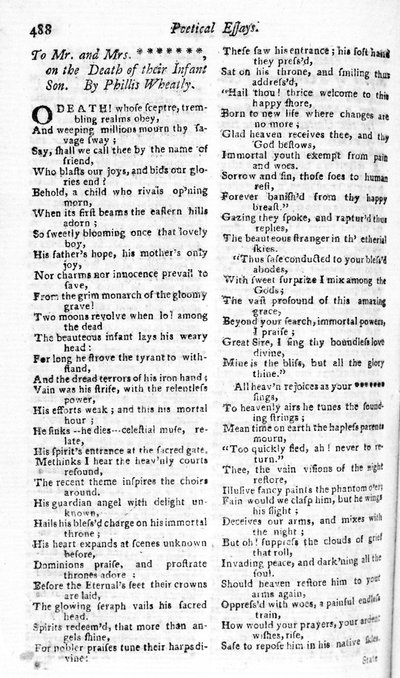 Wiersz napisany do pary na temat śmierci ich dziecka przez Phillisa Wheatly, opublikowany w Boston Magazine, 1783-84 (druk) autorstwa American School