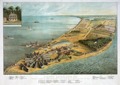 Point Lookout, MD - widok na Hammond General Hospital i U.S. General Depot for Prisoners of War, pub. 1864 autorstwa American School