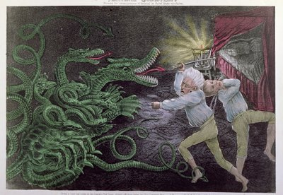 Polityczny donkiszotyzm: The Diplomatic Hercules atakujący polityczną Hydrę, opublikowany przez Bisbee, c.1833 autorstwa American School