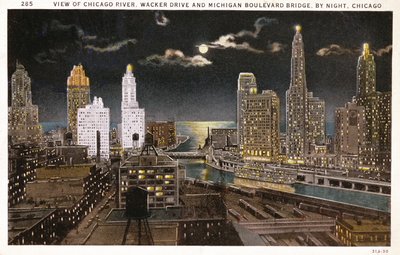 Pocztówka z Chicago nocą, ok. 1930 autorstwa American School