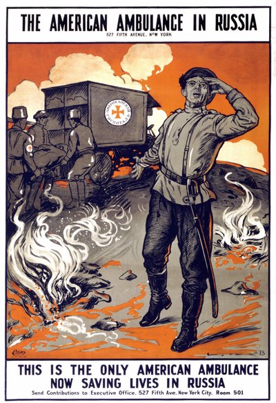 Plakat „Amerykańska karetka pogotowia w Rosji - to jedyna amerykańska karetka pogotowia ratująca życie w Rosji” . „”, s.d. w latach 1914 - 1918. autorstwa American School