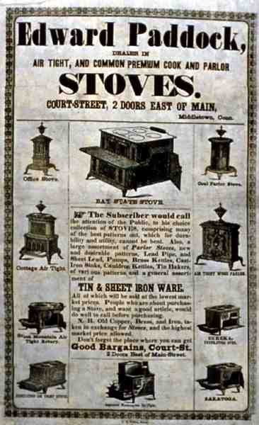 Plakat reklamujący „Air Tight and Common Premium Cook and Parlor Stoves”, wykonany przez Edwarda Paddocka, Middletown, Connecticut (litho) autorstwa American School