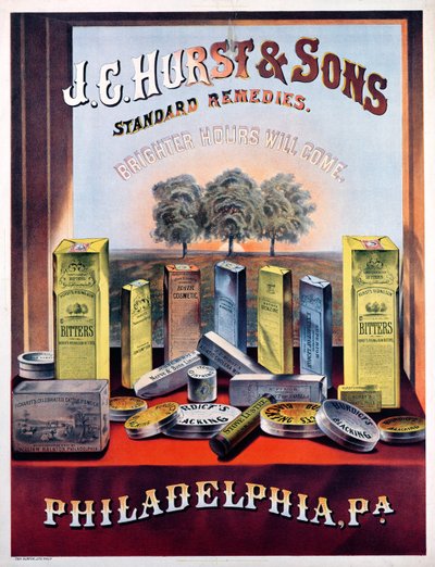 Plakat reklamujący standardowe środki zaradcze J.E. Hurst & Sons — Nadejdą jaśniejsze godziny autorstwa American School