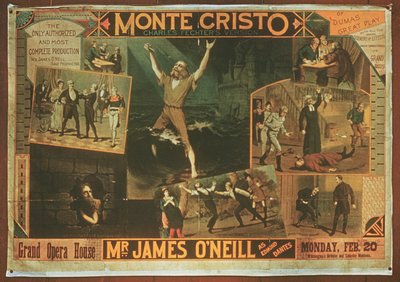 Plakat reklamujący pana Jamesa ONeilla jako Edmonda Dantesa w wersji Charlesa Fichtera Hrabiego Monte Cristo autorstwa American School