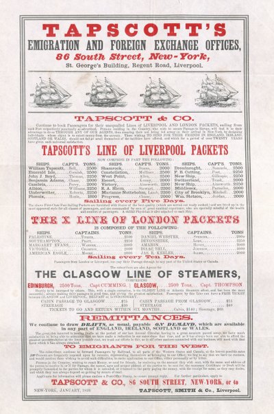 Plakat reklamujący Tapscotts Emigration and Foreign Exchange Offices, Nowy Jork, styczeń 1859 autorstwa American School