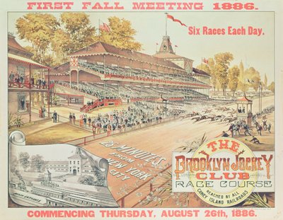Plakat reklamujący tor wyścigowy Brooklyn Jockey Club, 1886 r. autorstwa American School