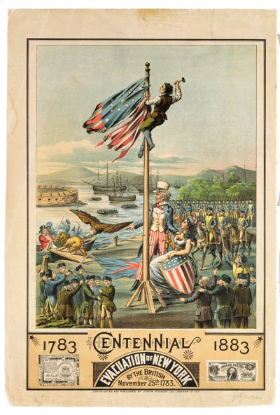 Plakat reklamujący stulecie ewakuacji Nowego Jorku przez Brytyjczyków 25 listopada 1783, 1883 r. autorstwa American School