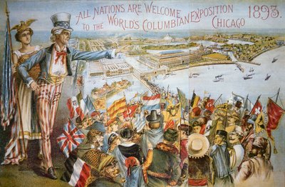 Plakat reklamujący Światową Wystawę Kolumbijską, Chicago 1893 (kolor lito) autorstwa American School