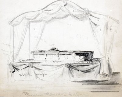 Trumna prezydenta Abrahama Lincolna leżąca w stanie w Białym Domu, Waszyngton, kwiecień 1865 (ołówek, tusz i pranie na papierze) autorstwa American School