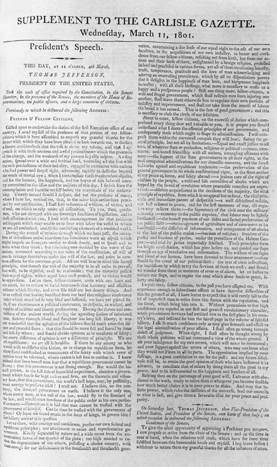 Przemówienie inauguracyjne prezydenta Jeffersona, dodatek do Carlisle Gazette, 11 marca 1801 r autorstwa American School