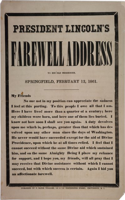 Przemówienie pożegnalne prezydenta Lincolna do starych sąsiadów, Springfield, 12 lutego 1861 r autorstwa American School